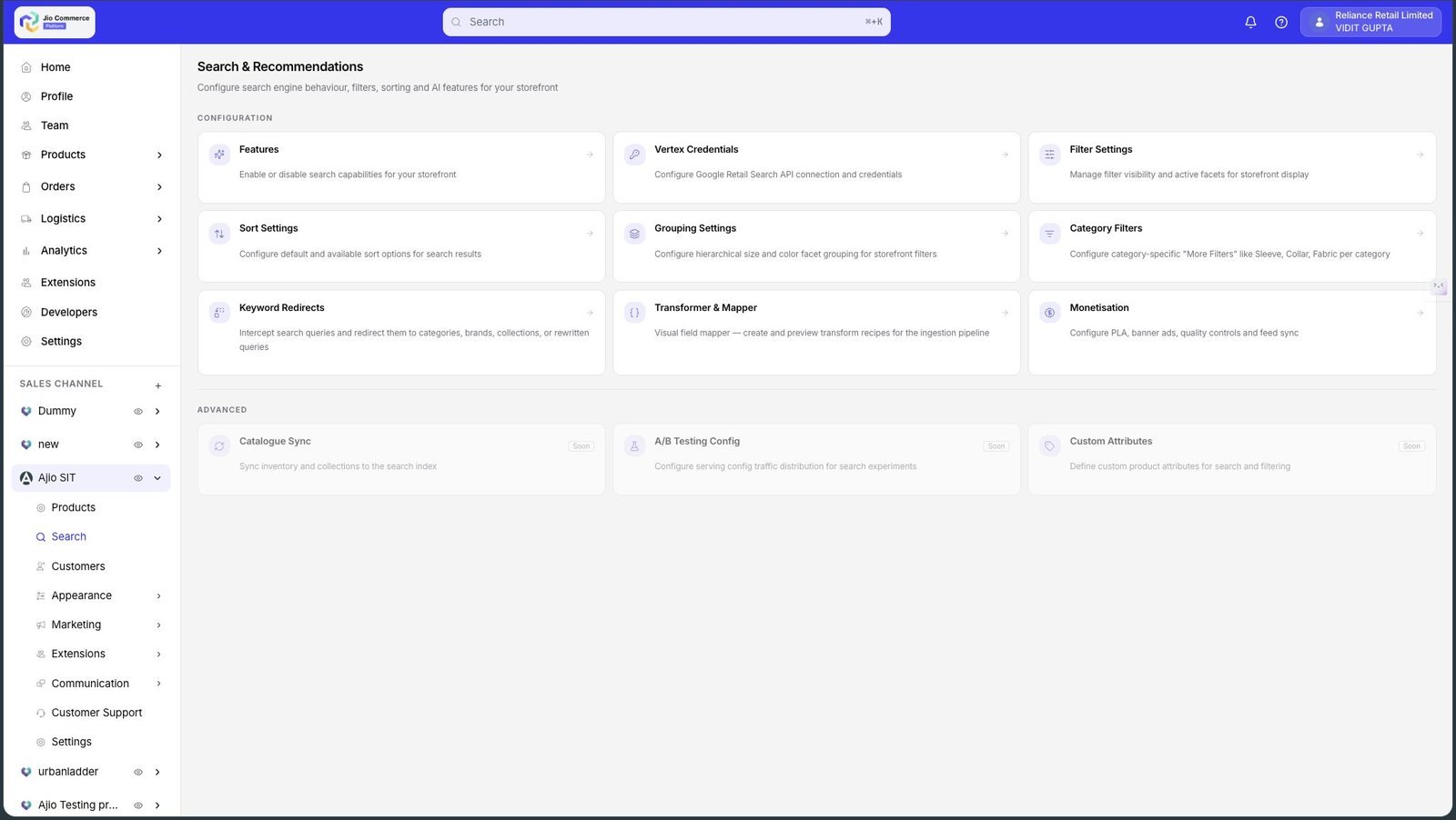JCP admin · Vertex AI Models grid · Search & Recommendations