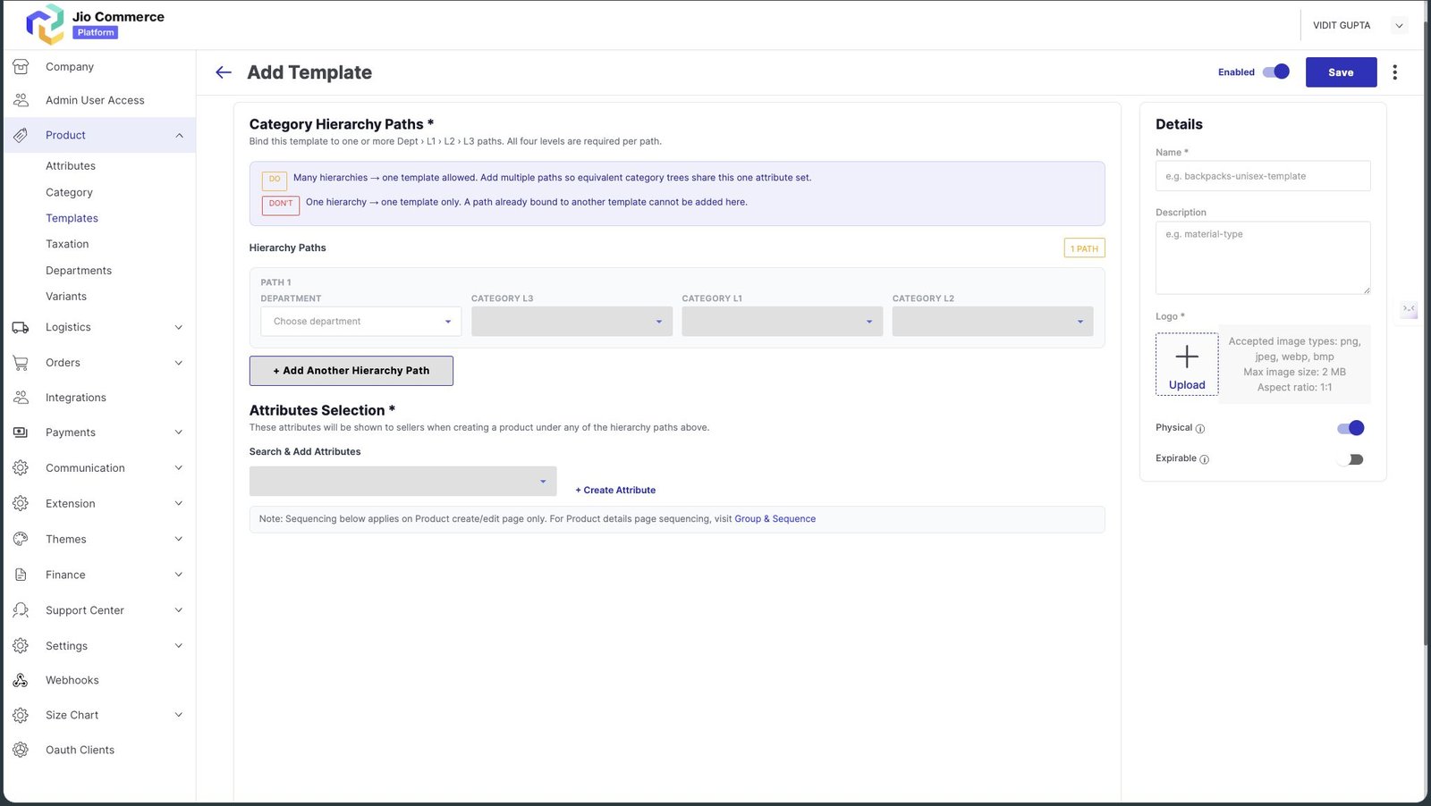 JCP admin · Add Template · Category Hierarchy Paths