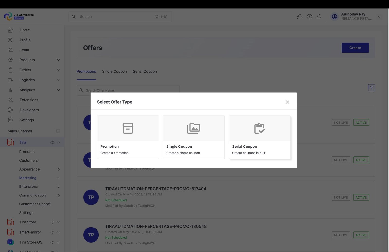 JCP admin · Offers · Select Promotion Type