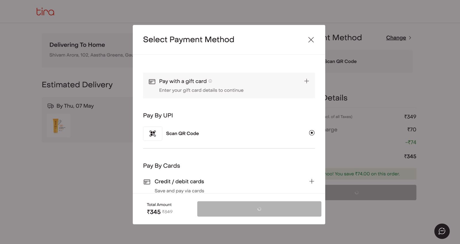 Tira storefront · UPI QR checkout flow