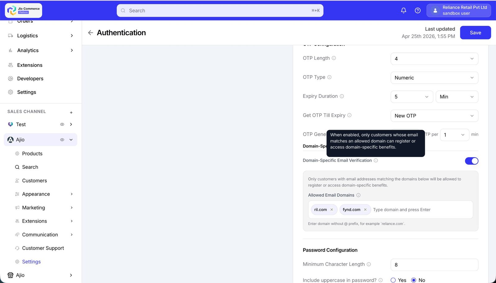 JCP admin · Authentication settings · Truecaller, OTP, domain-specific email verification