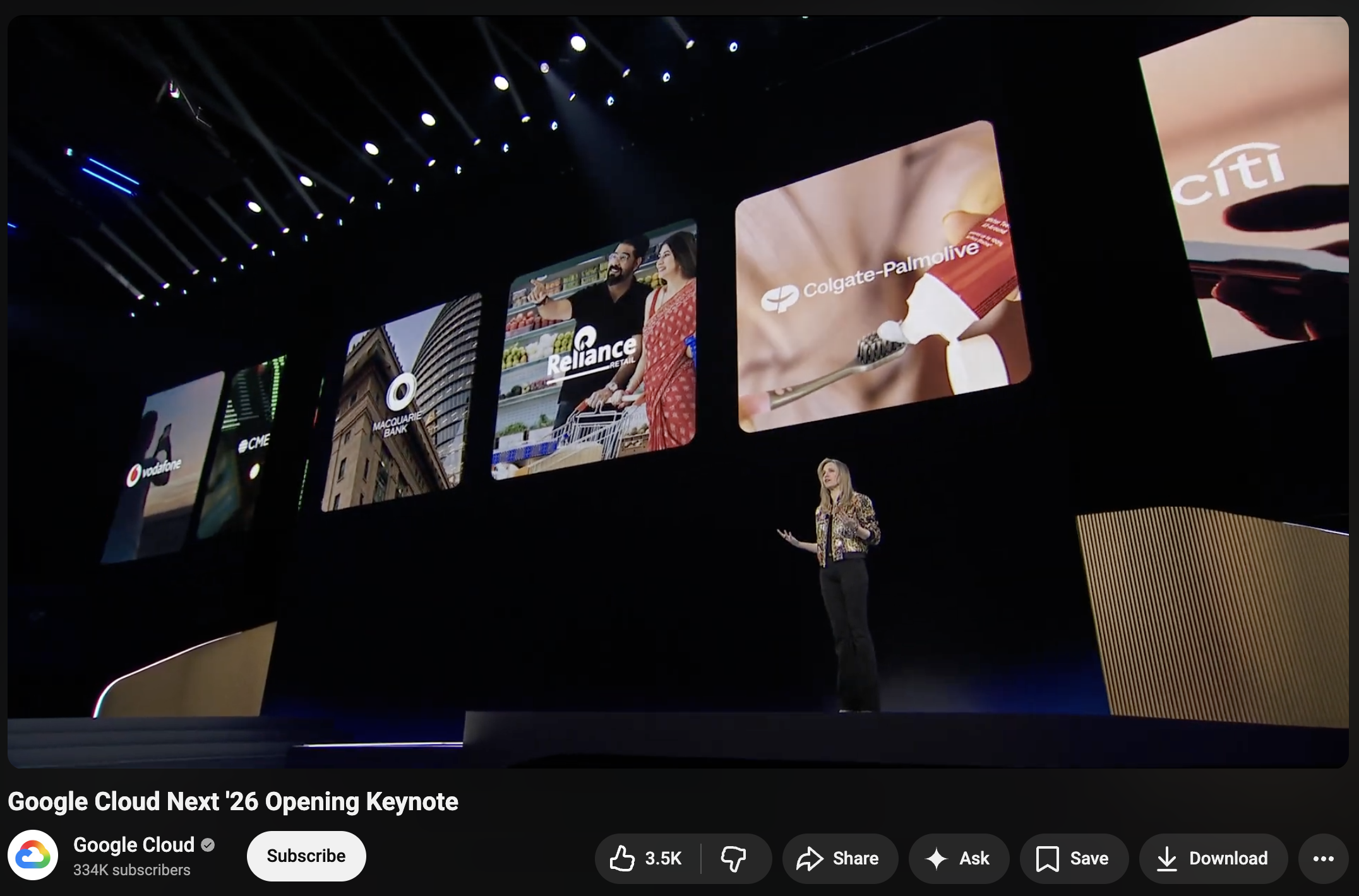Reliance Retail among the customer deployments showcased at Google Cloud Next '26 keynote (Vodafone · CME · Macquarie Bank · Reliance Retail · Colgate-Palmolive · Citi)