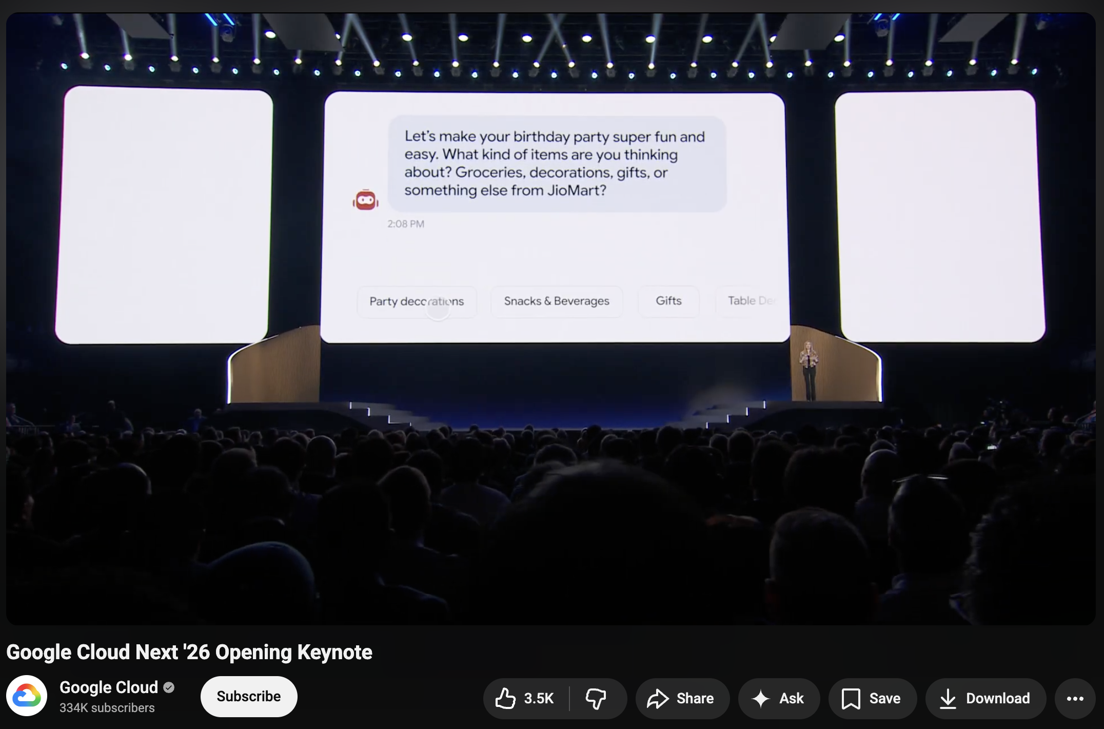 JIIA on the Google Cloud Next '26 main stage · birthday-party intent breaks into category quick-picks