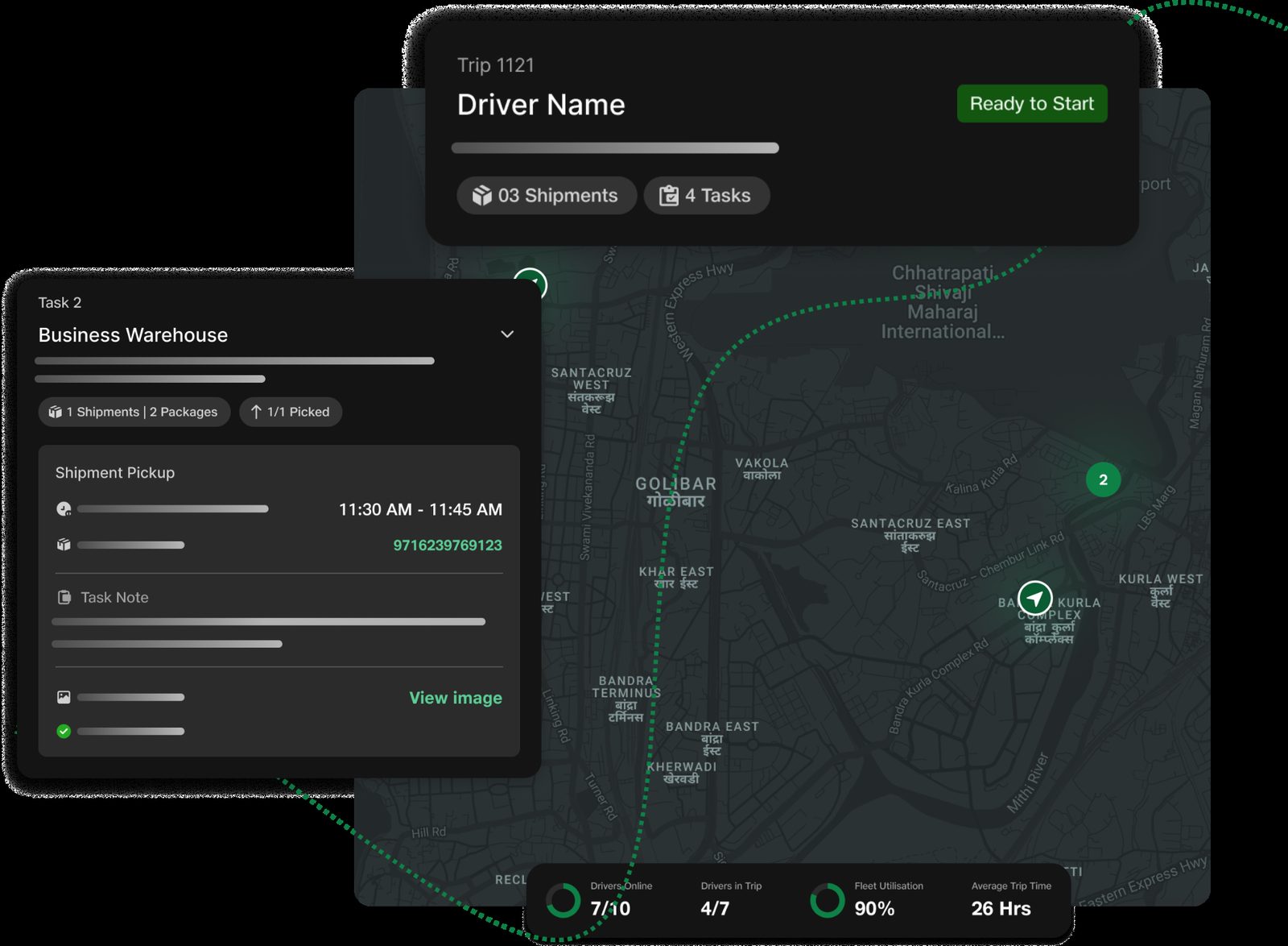Control Tower dispatcher console · central dashboard with route map, ongoing trip cards, automated rider allocation