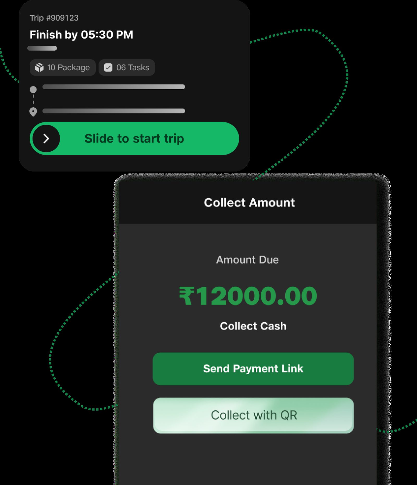 Rider App mobile mockup · task list with pickup, delivery, installation, fixing tasks, OTP-based proof of delivery, payment QR