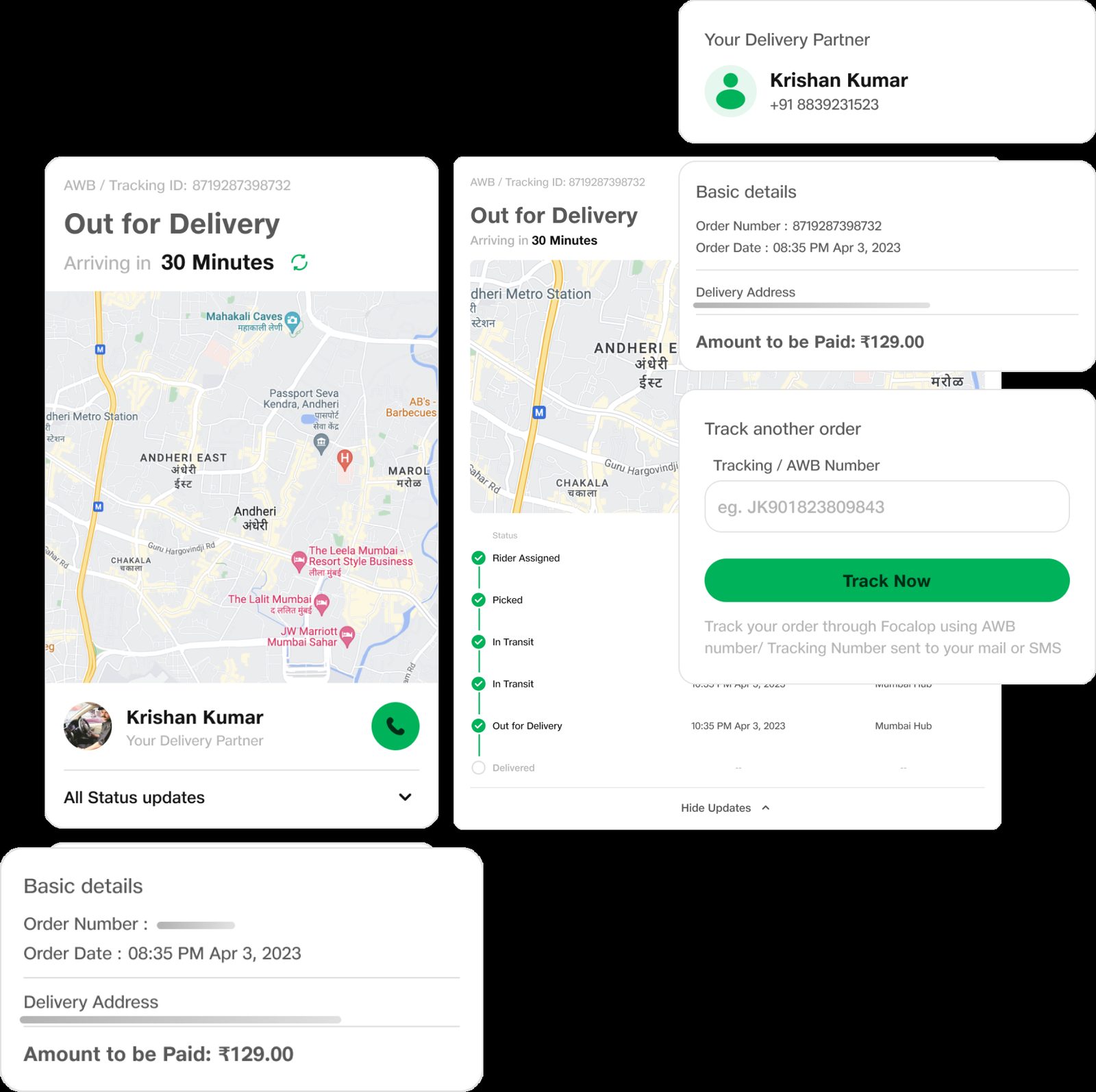 Customer Live Tracking interface · white-labelled brand surface, live rider location on map, ETA in minutes, rider details