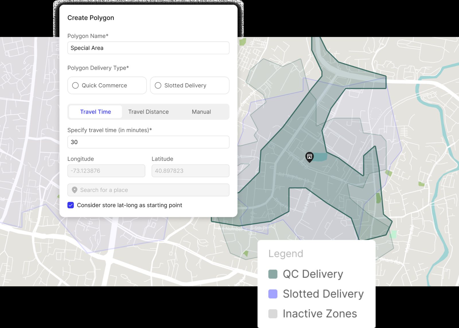 Precision Delivery Zones admin · custom polygon boundaries drawn over a city map showing per-store service territories