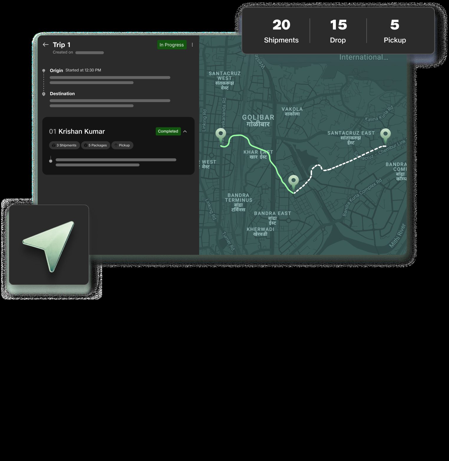 AI Route Optimization · multi-stop route visualisation with traffic-aware path drawn between waypoints