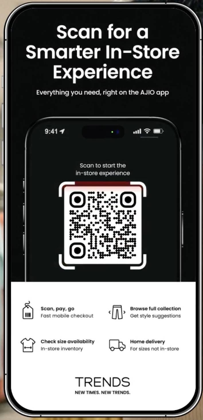 Scan for a Smarter In-Store Experience · TRENDS QR launch screen — scan, pay, go · browse full collection · check size availability · home delivery for sizes not in store.