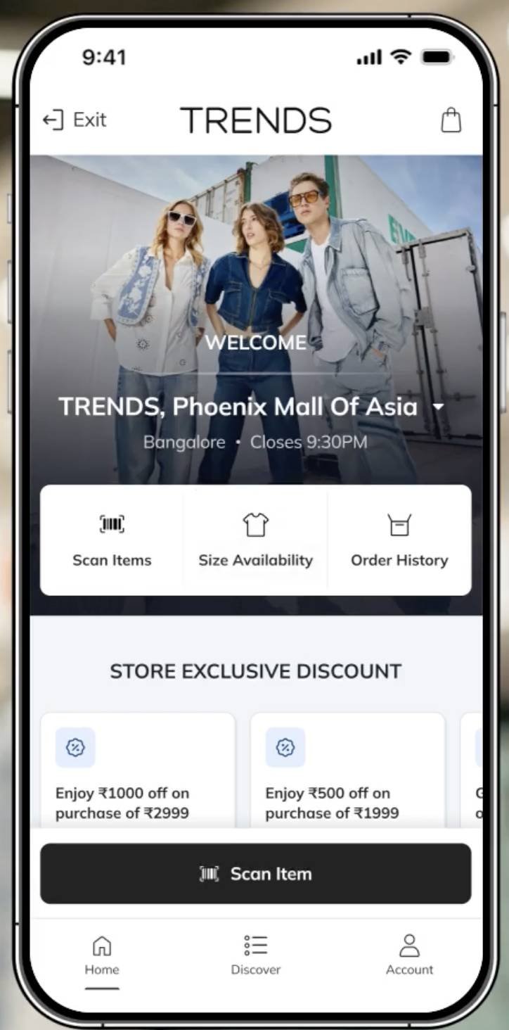 In-Store Experience · Store detection switches the app to companion mode for the nearest TRENDS.