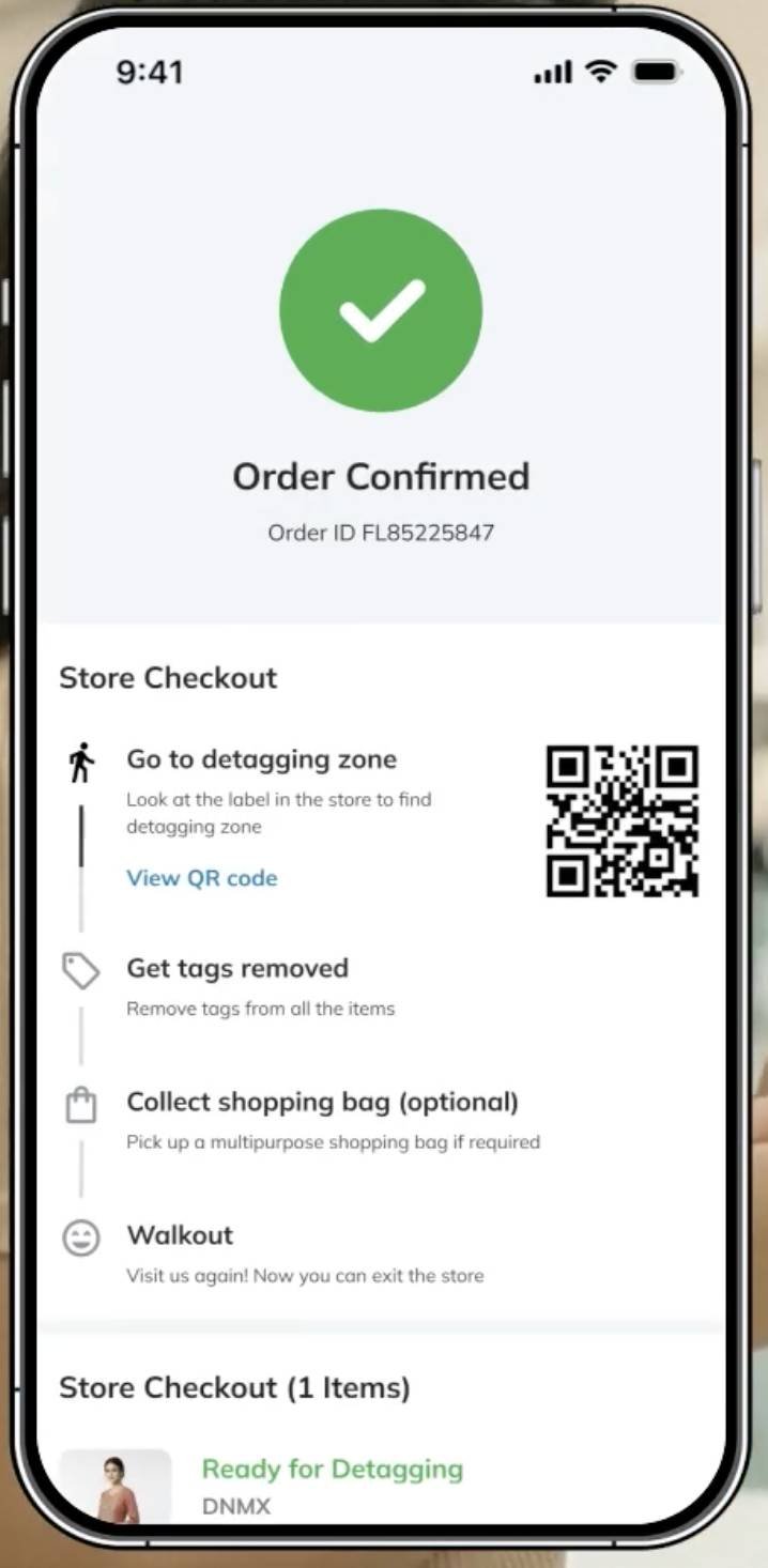 Order Confirmed · Post-checkout flow with detagging-zone QR + walkout.
