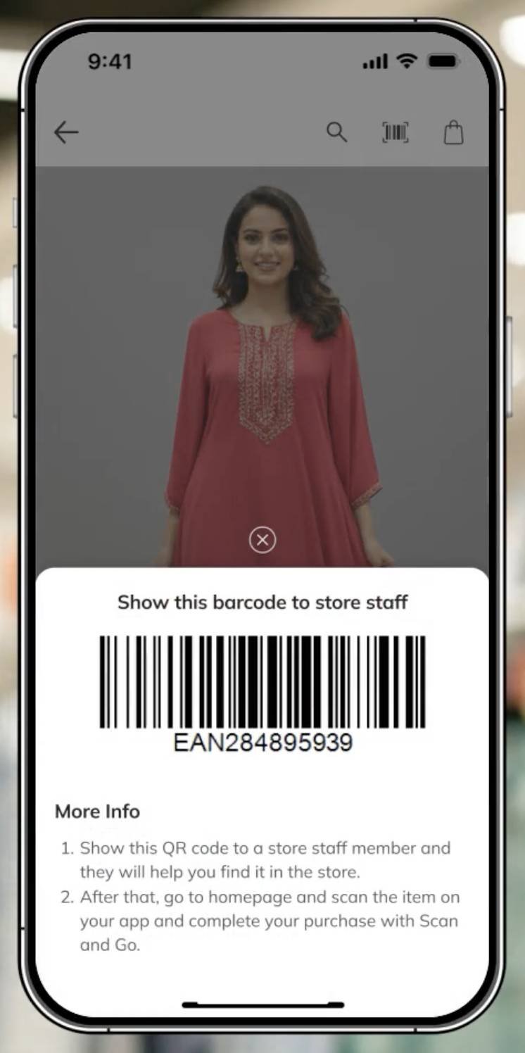 Find-in-store barcode · Show-staff barcode (EAN) on a PDP overlay so a store associate can locate the item on the floor; checkout completes via Scan & Go.