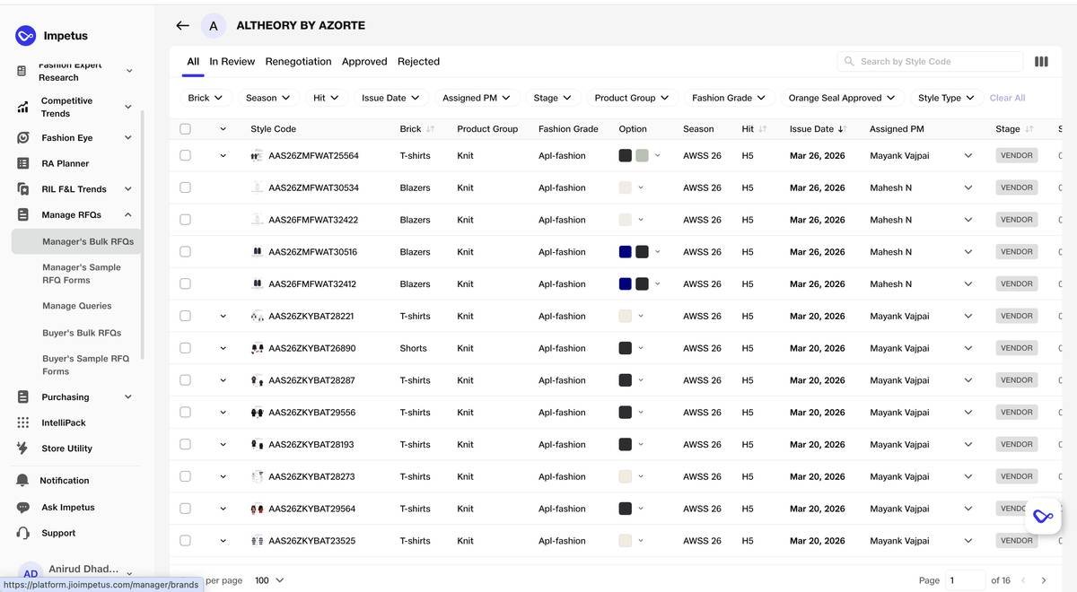 Costing review and approval dashboard · Cost breakdowns by style with brick, season, fashion grade, option, hit, issue date, assigned PM and stage.