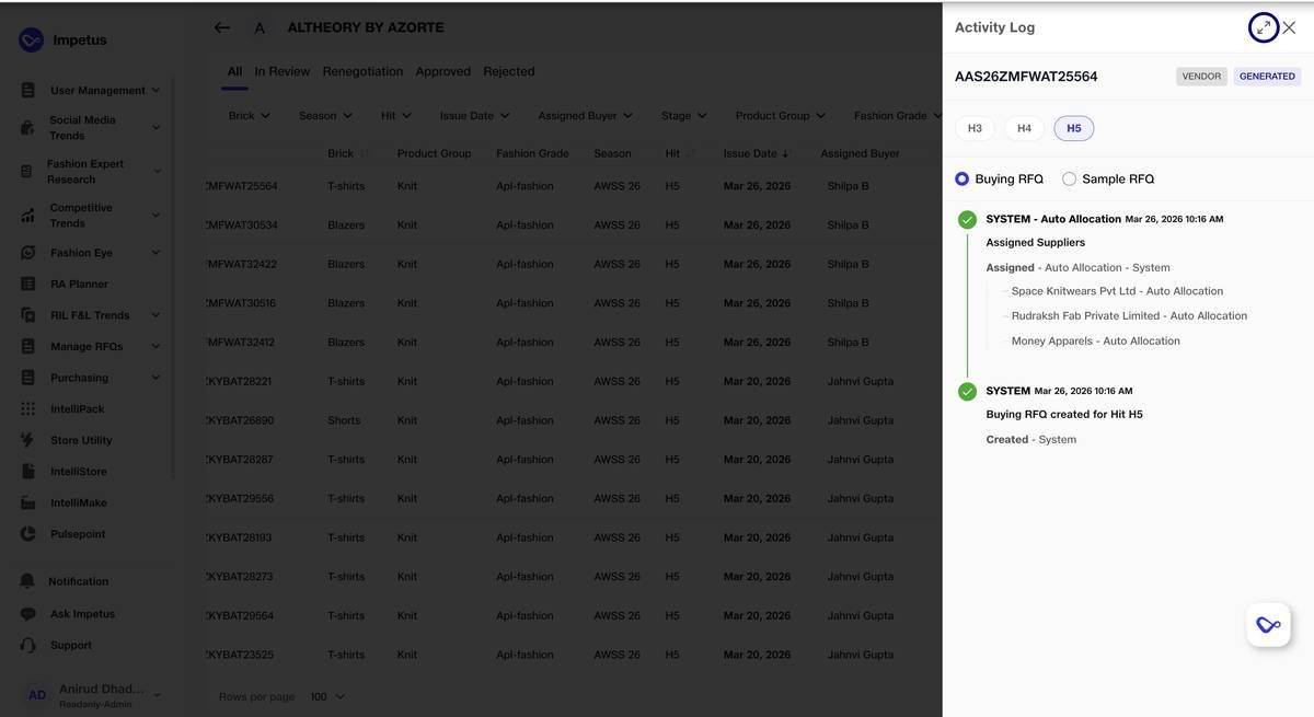 Costing activity log · Auto-allocation of suppliers + RFQ creation timeline with system events; styles list with brick / season / hit / issue date / assigned buyer in background.