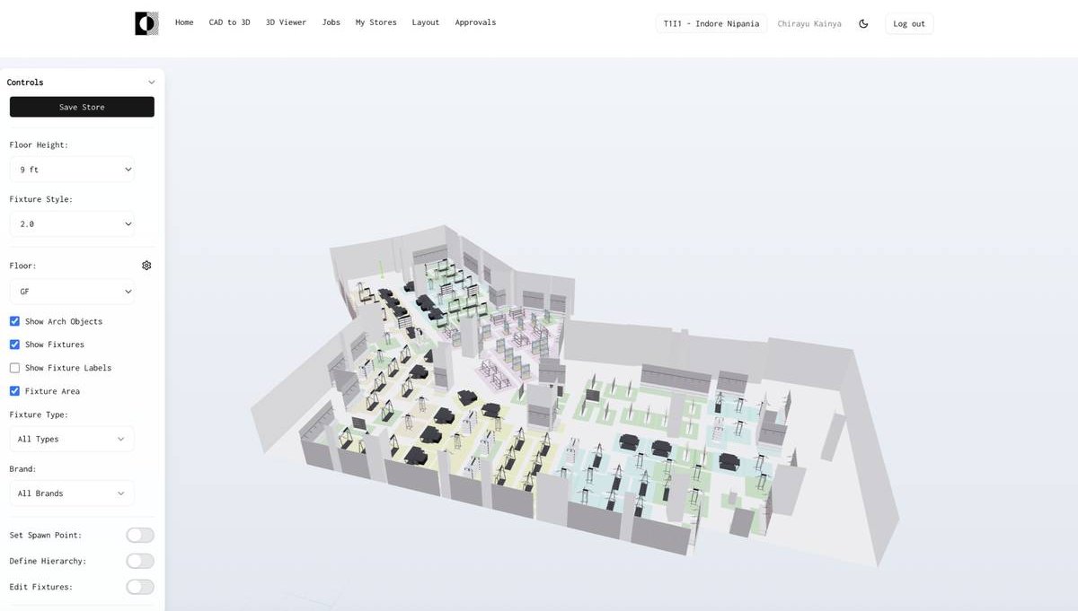 3D store layout · Isometric view of a store with merchandise fixtures for planogram visualisation.