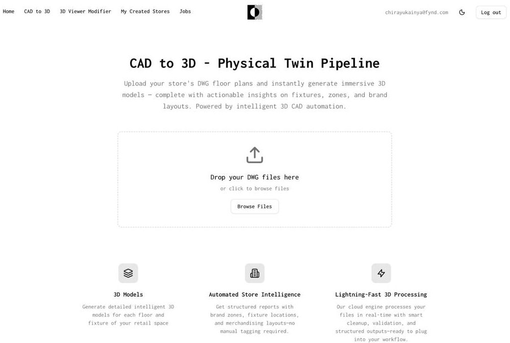 CAD-to-3D pipeline · Store DWG file upload & intelligent 3D model processing.