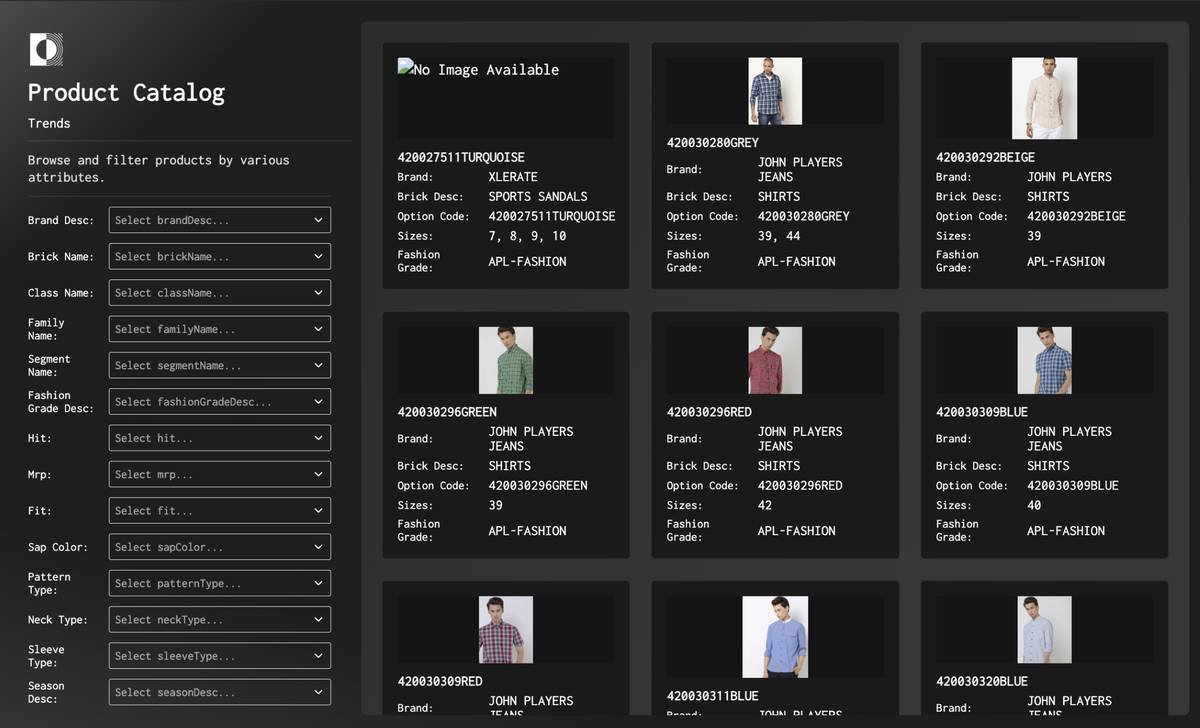 VM product catalog · Apparel items by brand/sizes/pricing for fixture assignment.