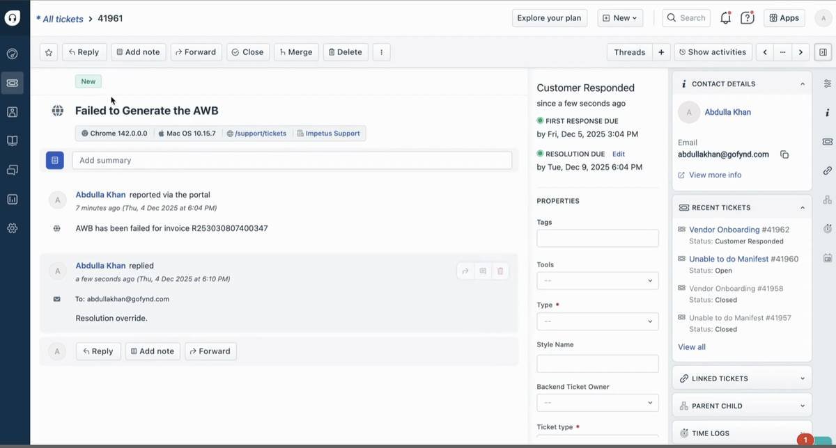 Task list · Onboarding tickets with creation dates and response times for SLA monitoring.