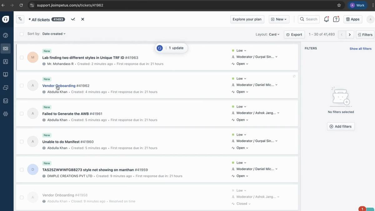 Support ticket detail · Ticket history, status, contact info for issue tracking.
