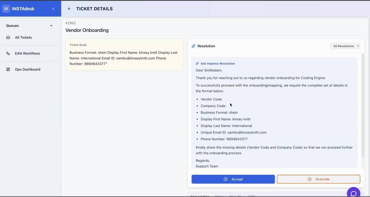 Ticket details (Vendor Onboarding) · Ticket body with auto-suggested resolution from Ask Impetus.