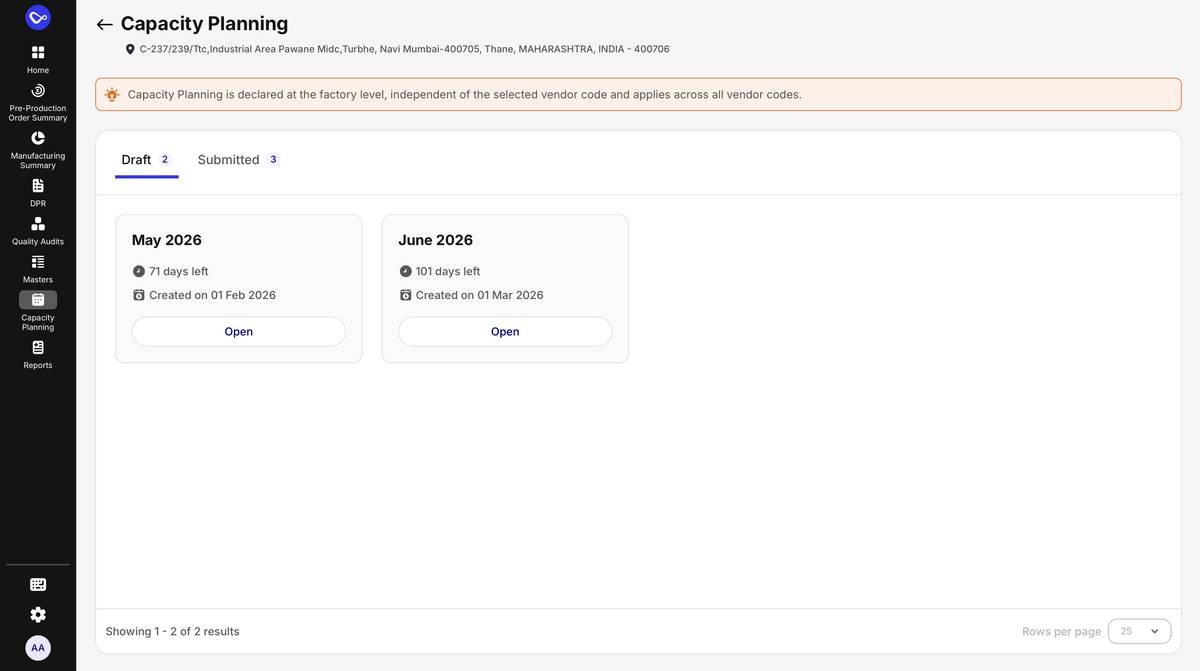 Capacity planning · Monthly capacity declaration view.