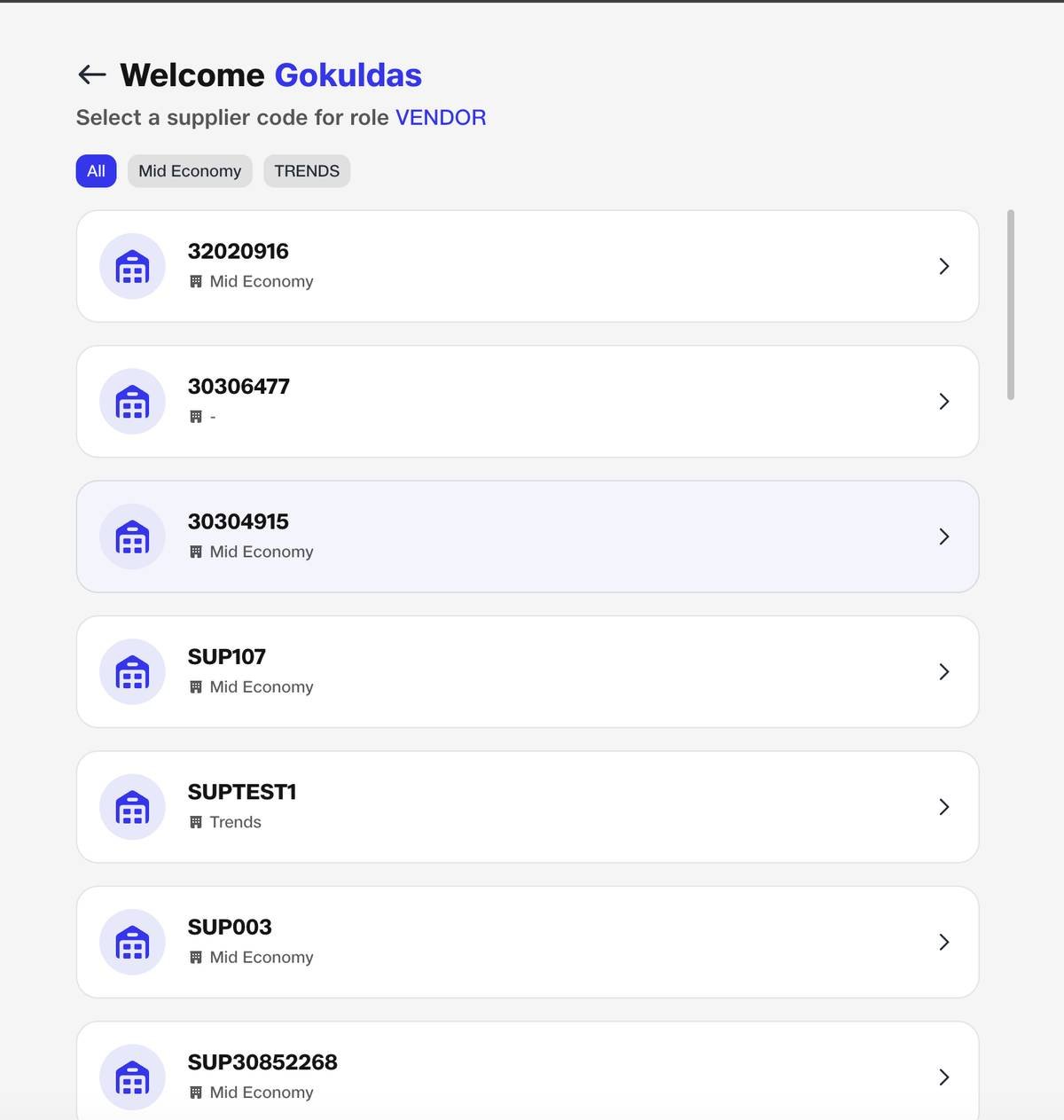 IntelliMake · Supplier code selection · Vendor options with category filters (A1 · Mid Economy · Trends) for onboarding.
