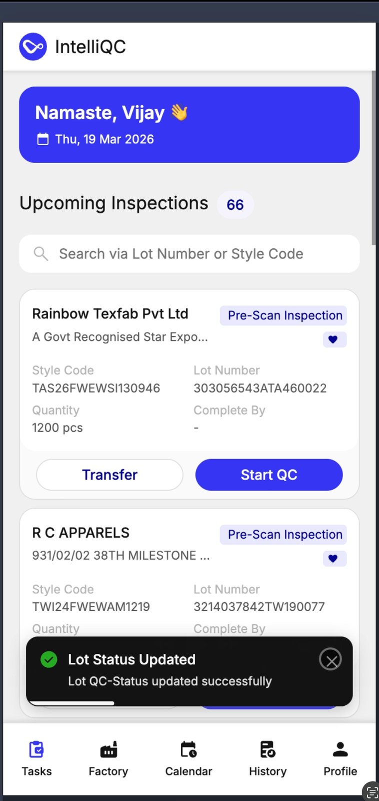 IntelliQC mobile · Upcoming inspections · Pre-Scan Inspection list with vendor lots, style code, lot number and quantity.