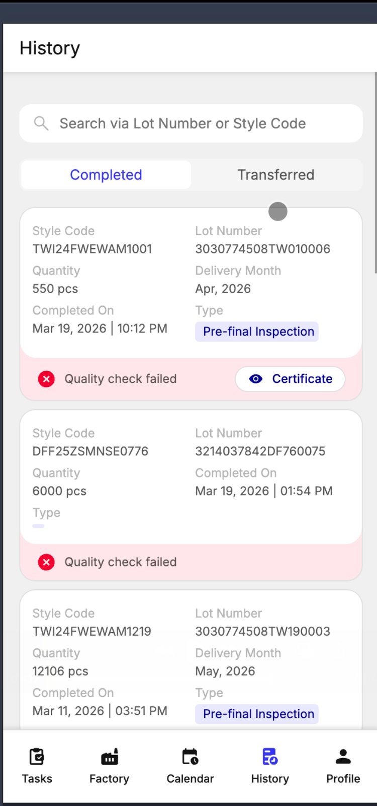 IntelliQC mobile · History · Completed and transferred inspections with pass/fail status.