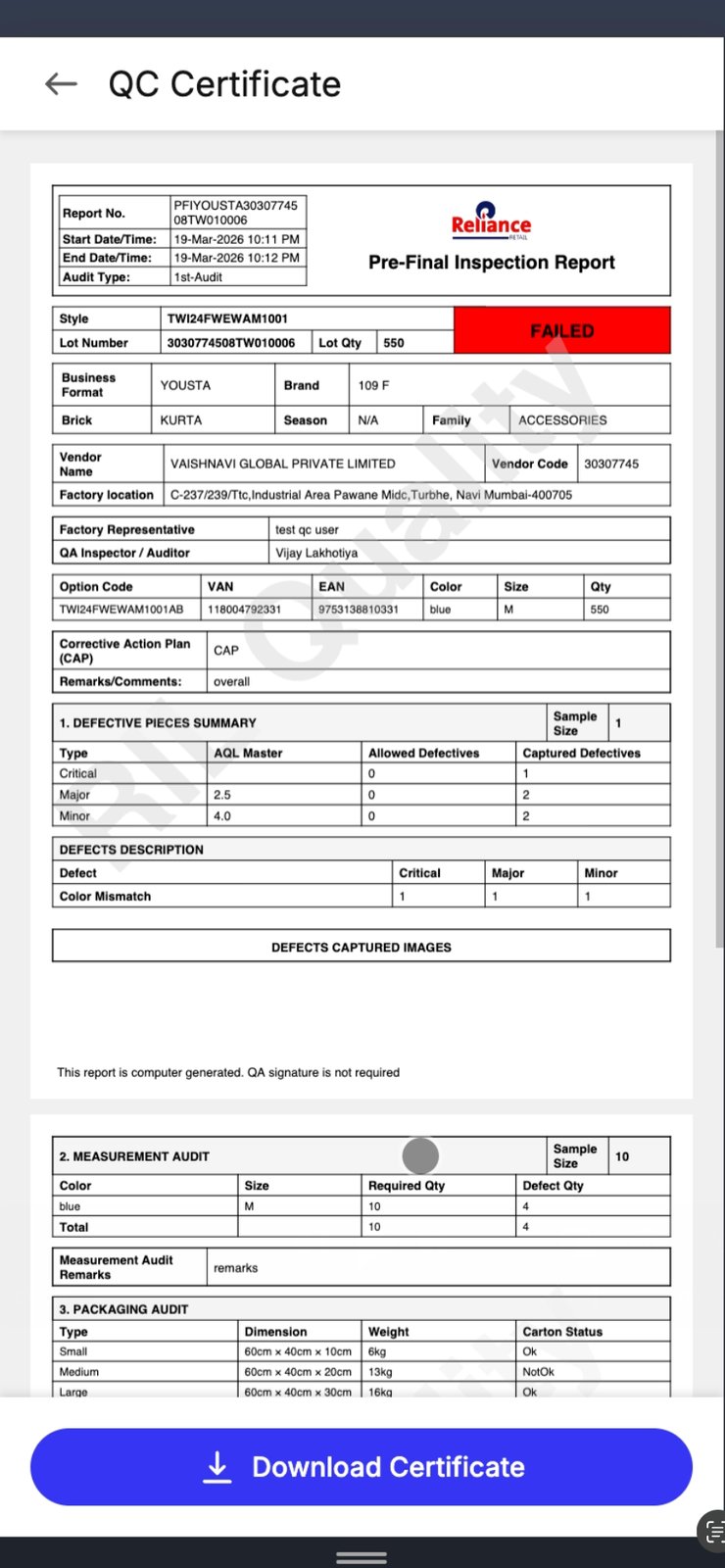 IntelliQC · QC Certificate · Pre-Final Inspection Report (FAILED case) with AQL master, defect summary, measurement audit and packaging audit.