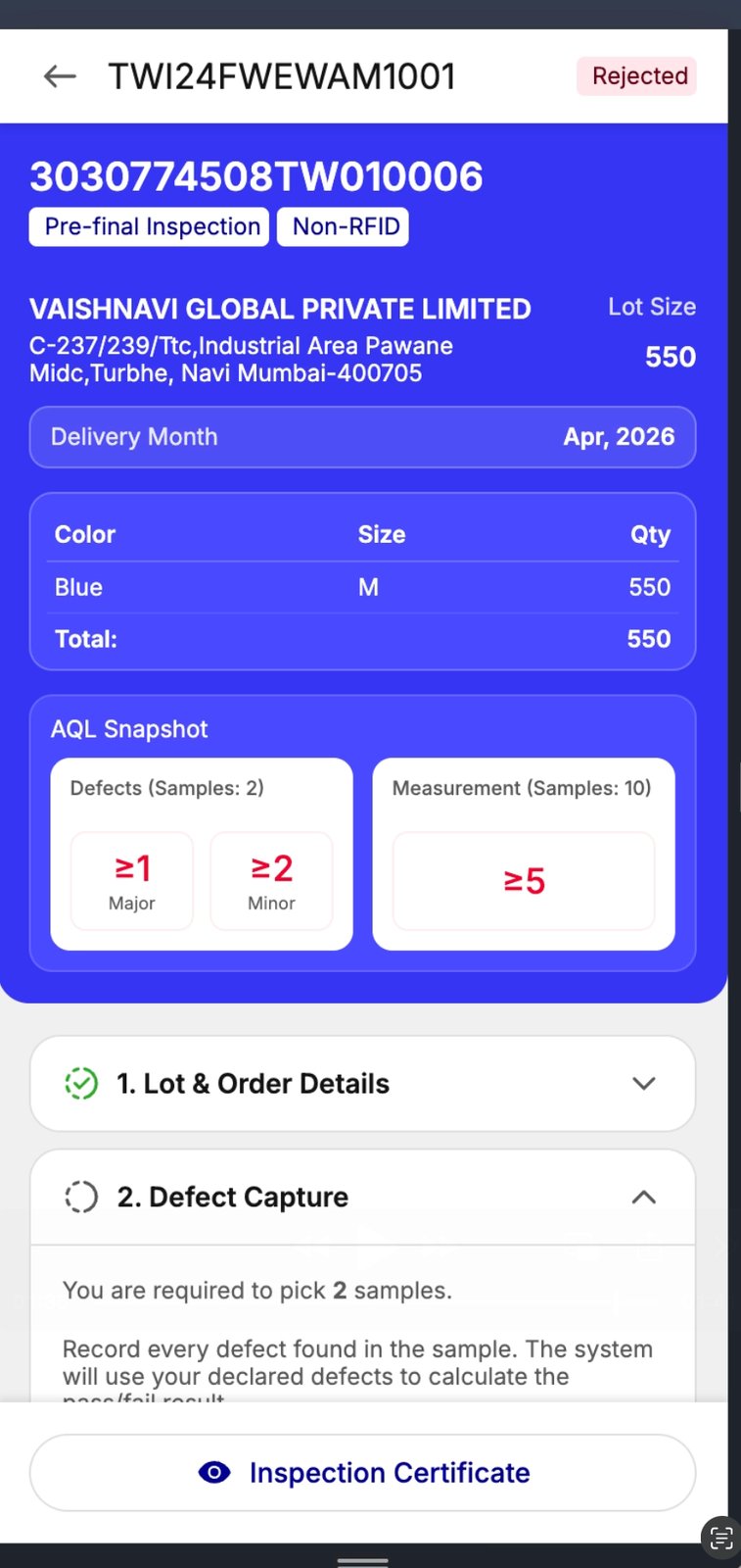 IntelliQC mobile · Lot detail · Order breakdown with AQL Snapshot (defects ≥1 major / ≥2 minor / ≥5 measurement) and inspection workflow.
