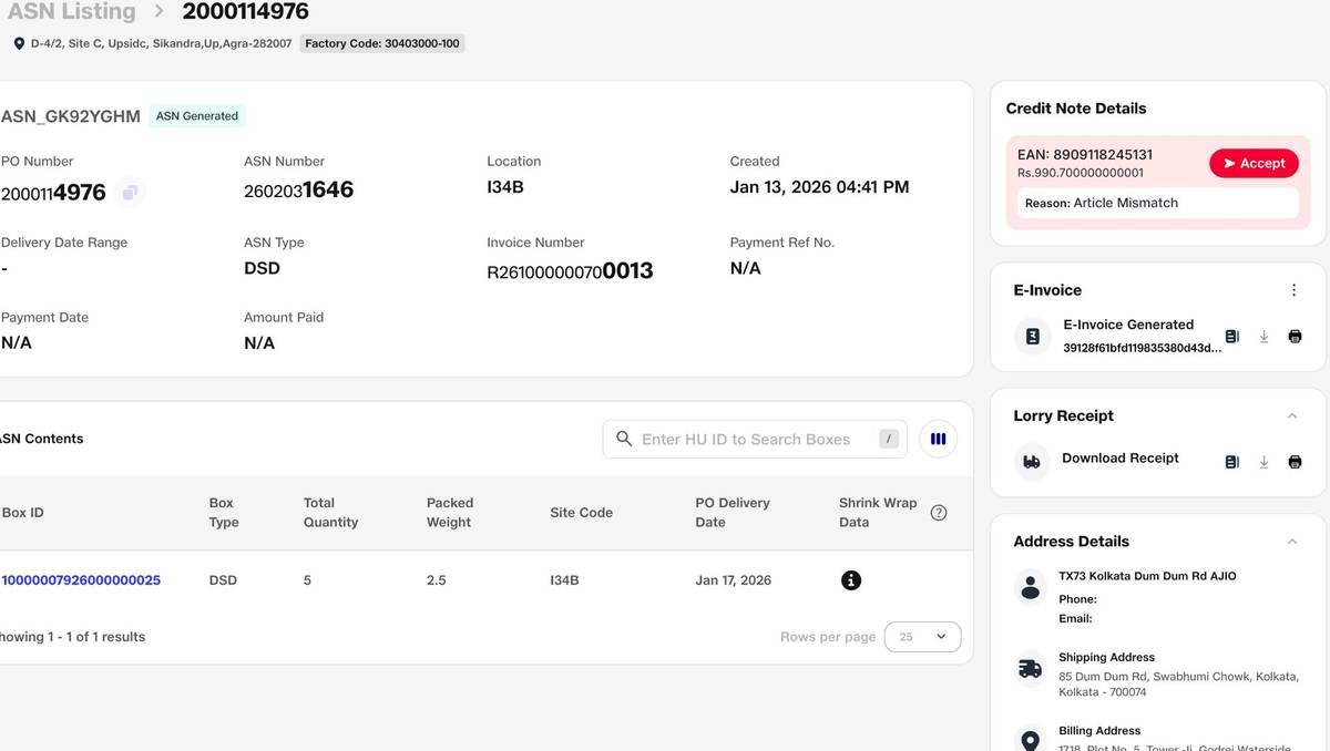 IntelliPack · E-Credit note · ASN details, item breakdown, e-invoice + lorry receipt + addresses for vendor reconciliation.