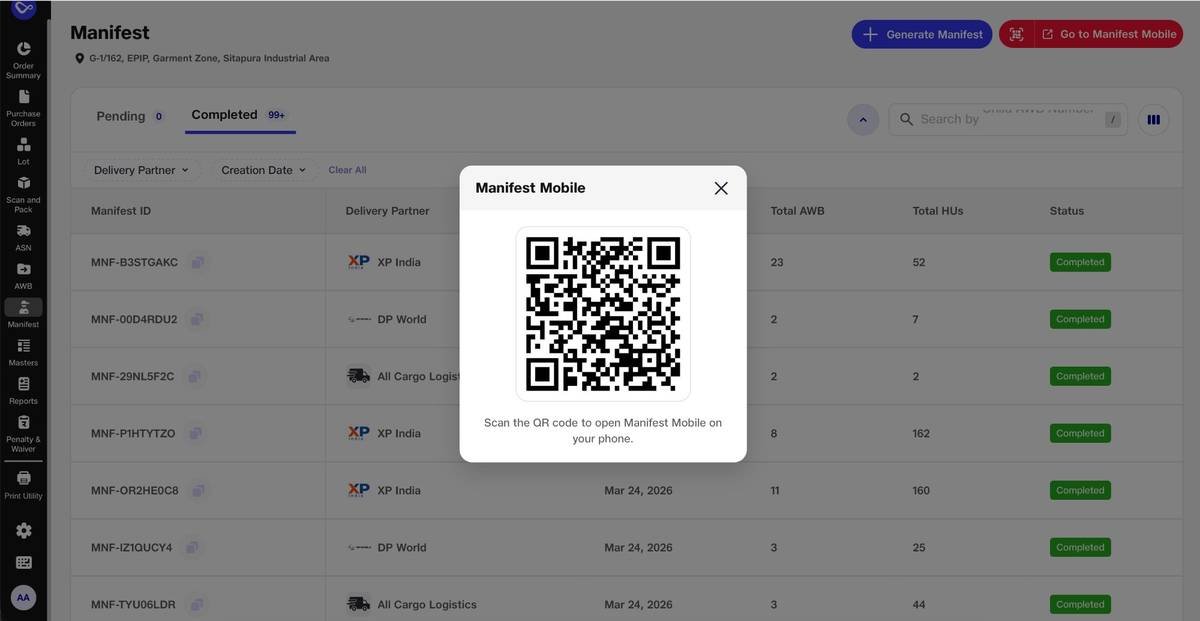 Mobile manifest · Manifest QR for scan-and-pack at vendor factory.