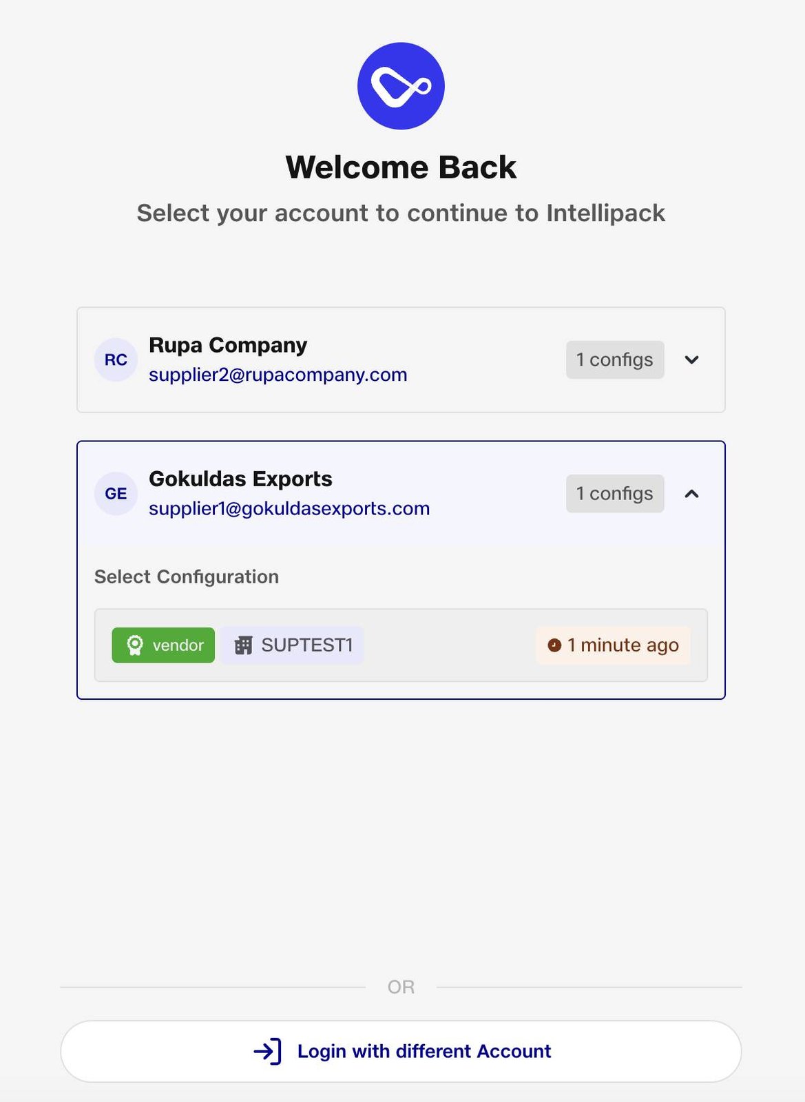 IntelliPack · Multi-tenant login · Account selection across vendor configurations.