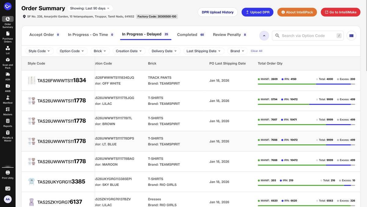 IntelliPack · ASN listing · Shipment tracking with status filtering.