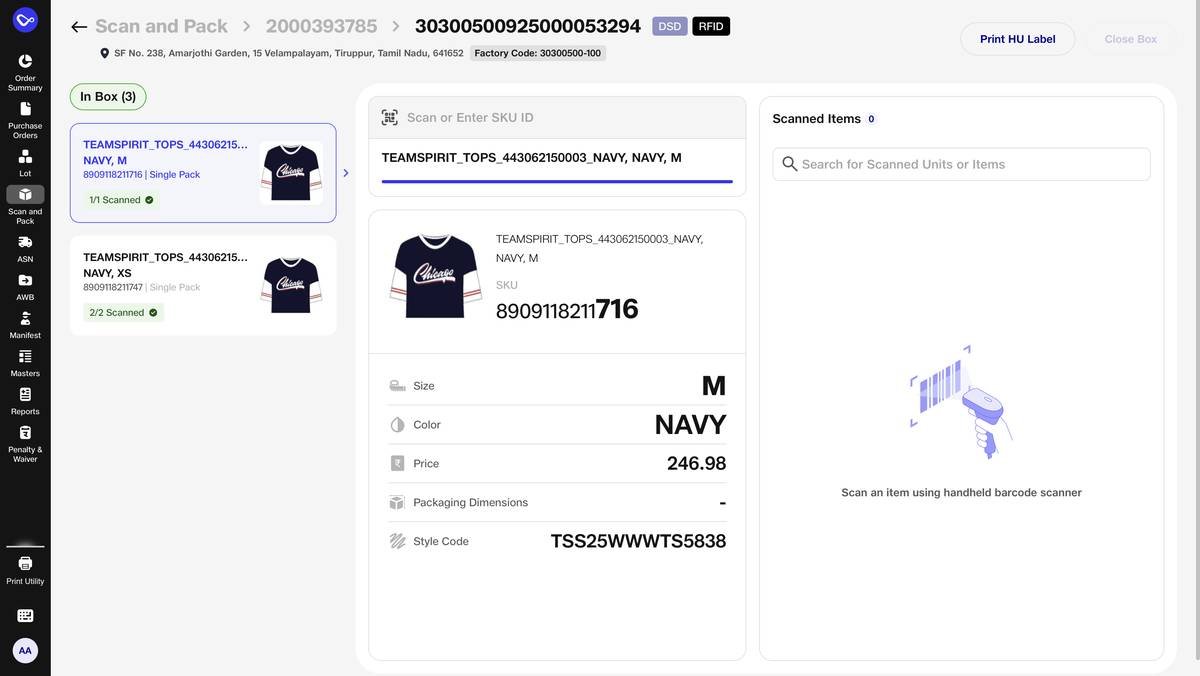 Scan and pack · Product details with color, size, style code for packing accuracy.