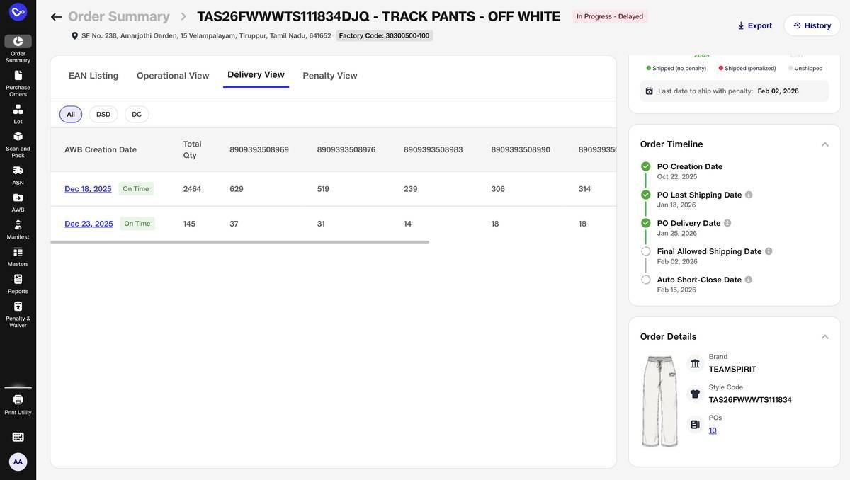 IntelliPack · Order details · Shipment dates and tracking timeline.