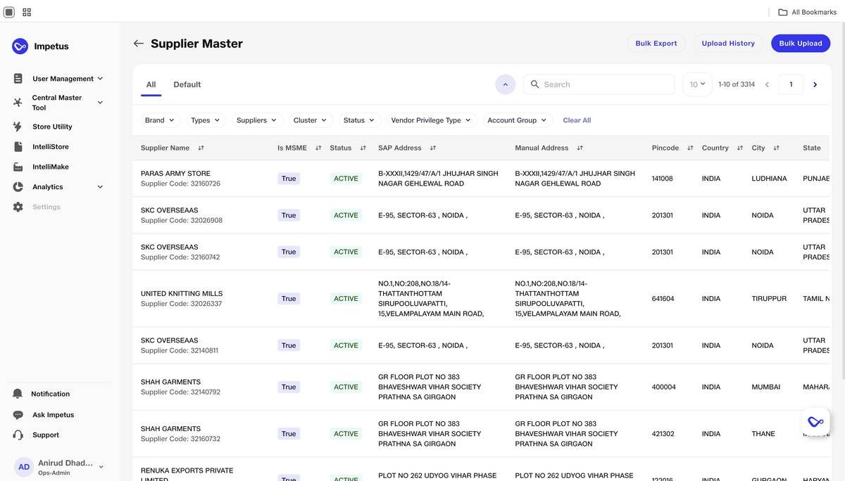 Supplier master · 3,334 suppliers with locations, statuses and account groups.
