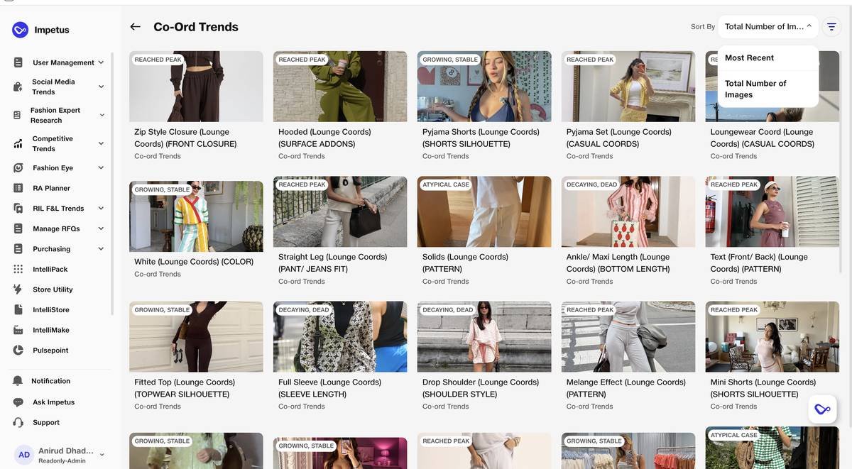 Co-Ord Trends · Fashion trend cards with status (Reached Peak · Growing · Stable · Decaying · Atypical) and product recommendations for buyers.
