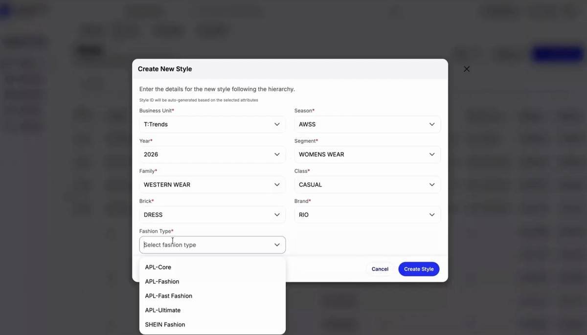 Designer · Create new style · Modal with season, brand, segment, family, class, brick selections plus auto-generated Style ID.