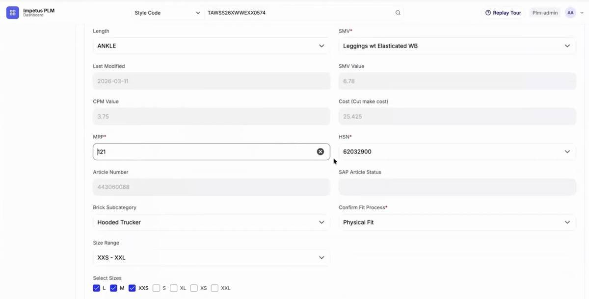 Product Manager · Style hierarchy + Tech Pack · Tech pack with full property table.
