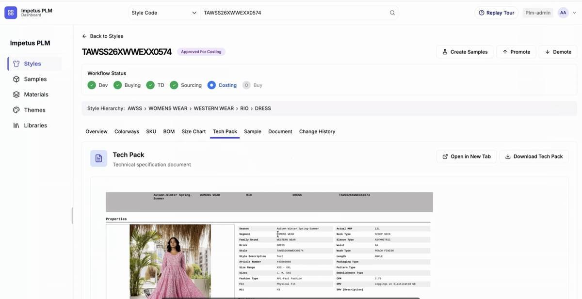 Buyer · Sourcing details · Supplier info, costs, MRP, HSN, fit process.