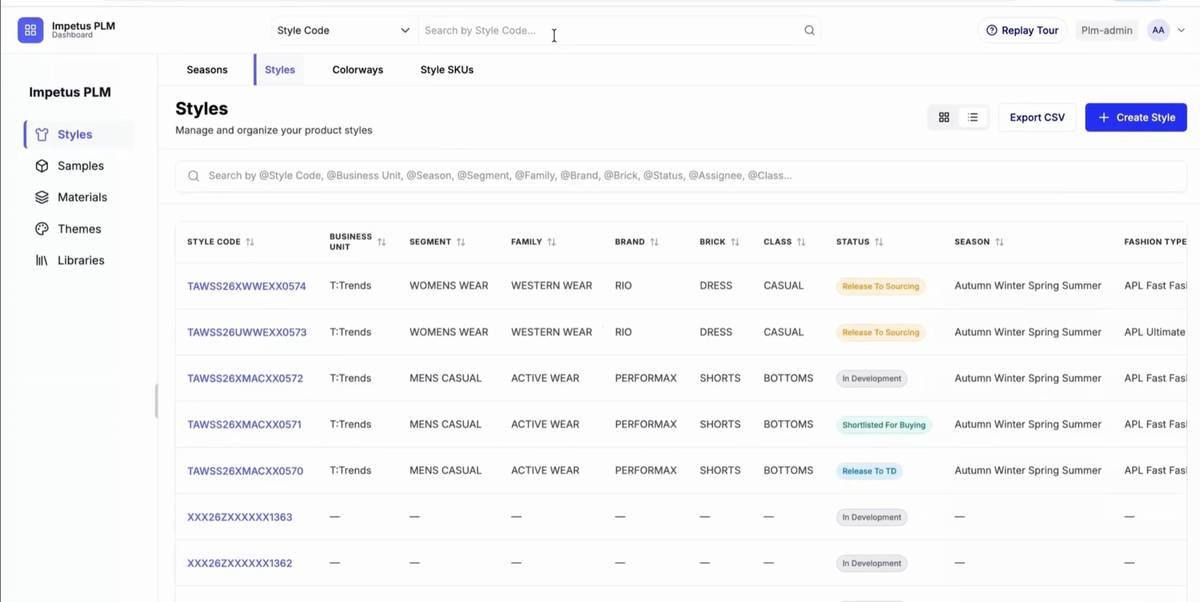 Product Manager · Styles dashboard · Style codes, hierarchy and workflow status across the full pipeline.