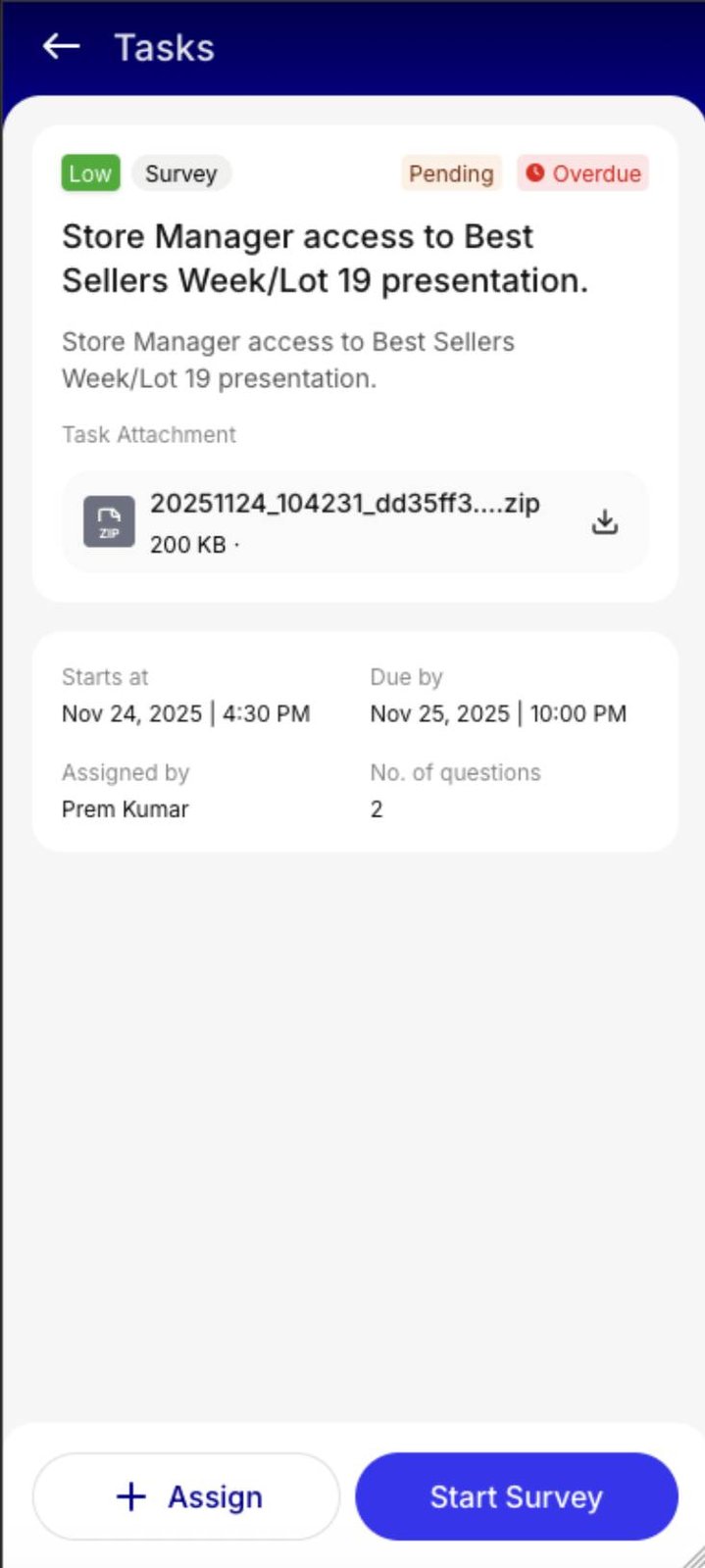 Mobile task detail · Store-manager survey assignment with pending status & due date.