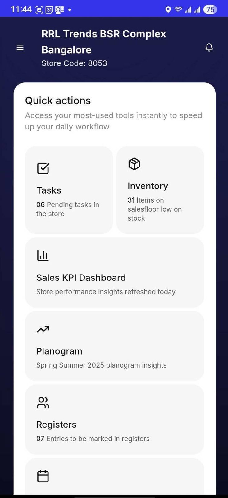 Quick actions · Sales KPI. · Planogram. · Registers.