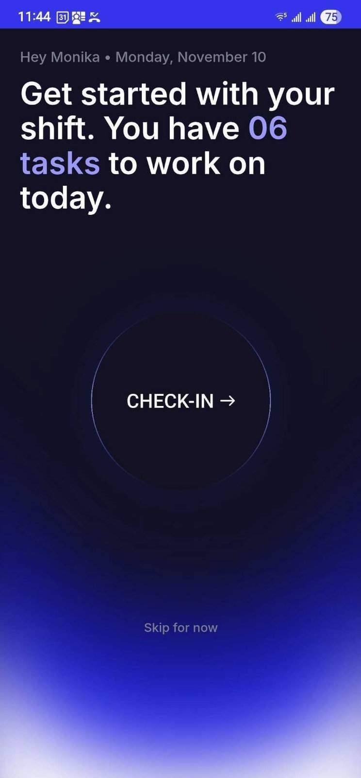 Mobile shift start · Daily task count and check-in interface for store staff. · Tasks. · Inventory.