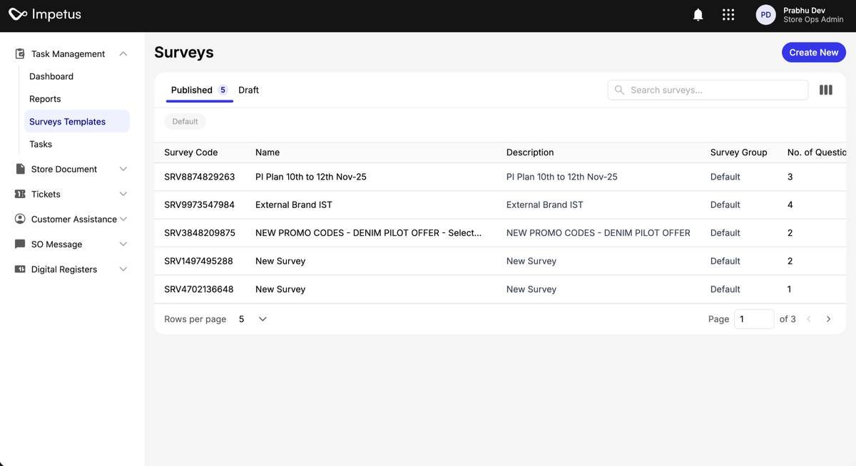 Surveys management · Survey codes, names and task counts by status.