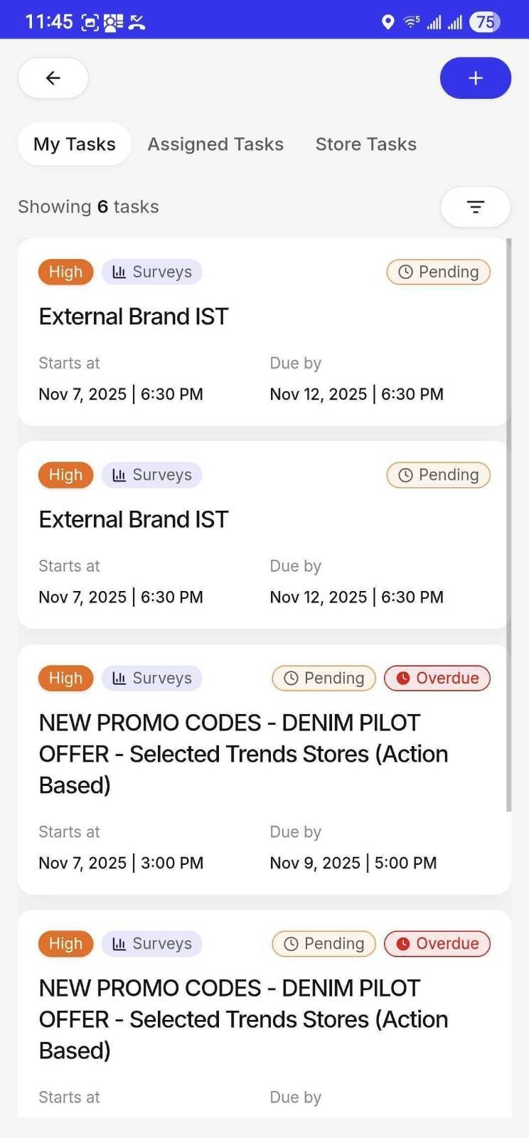 Mobile task list · My / Assigned / Store tasks with surveys, status and dates.