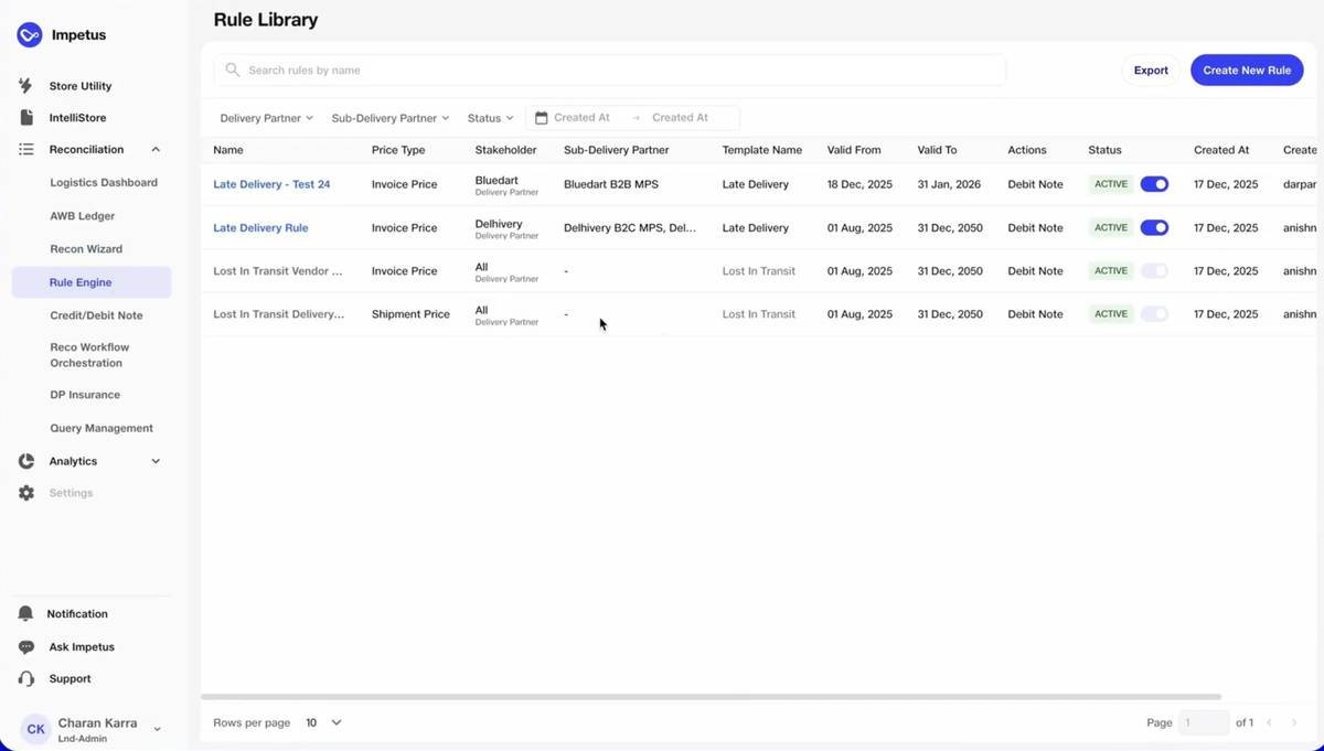 Rule library · Late-delivery rules with stakeholder info and validity periods.