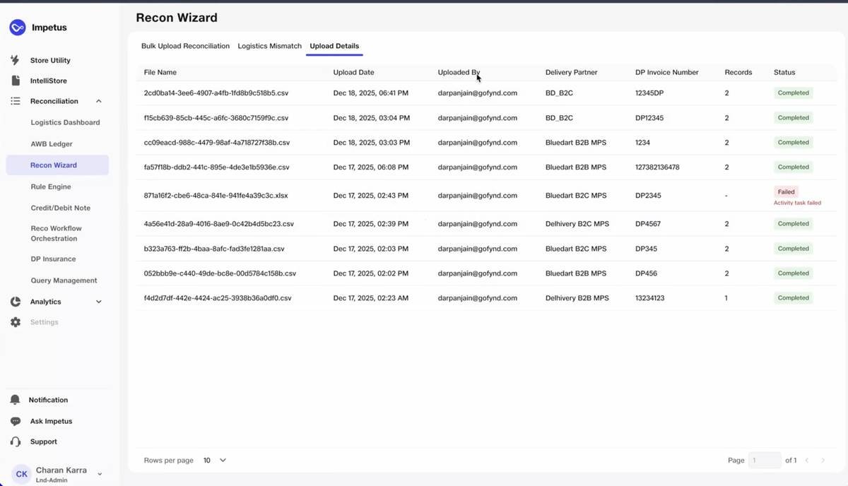 Recon upload status · Reconciliation data with completion tracking.