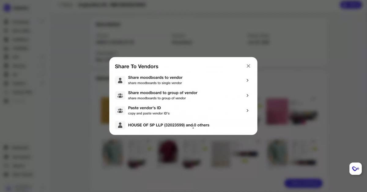 Share to Vendors · Single/group vendor sharing with vendor ID paste.